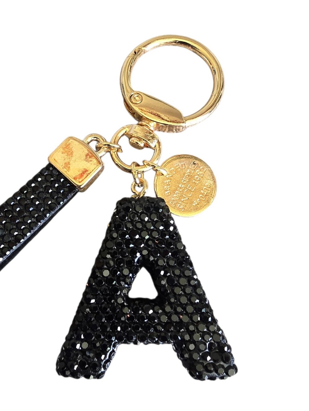 Initial Letter A Black Glitter Handbag Bag Charm Keychain Ring Glam